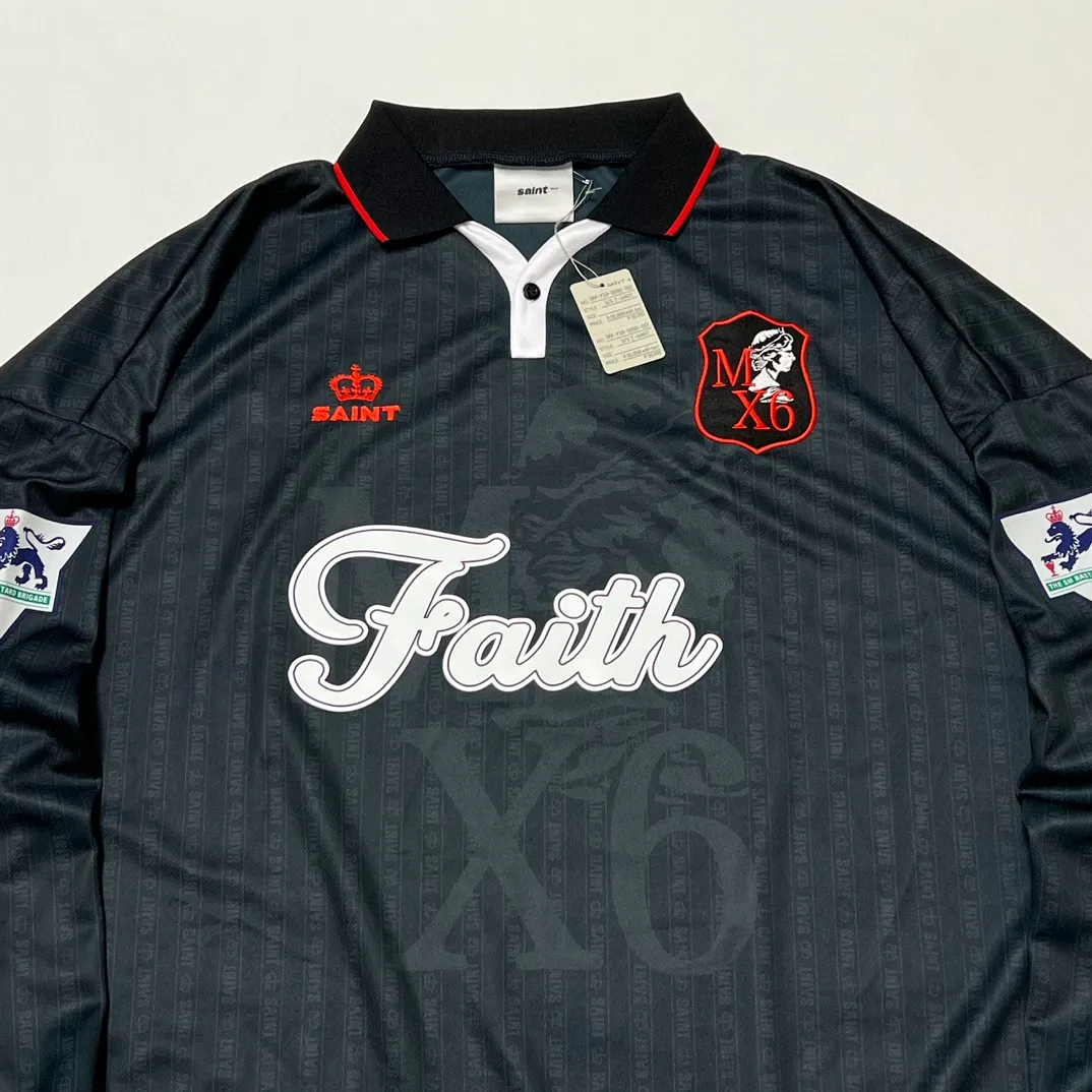 SAINT M×××××× SOCCER SHIRT 'FAITH'/BLK FAITH Football Long Sleeve Black S-XL This design has a lot of craftsmanship Digital fabric printing/front positioning printing laser cutting Offset printing + flocking printing + embossing Imported Behringer machine embroidery Flat machine collar + cuffs Genuine consistent main mark/wash mark/cherub mark